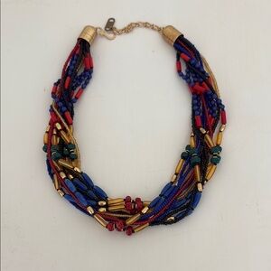 Bohemian Red and Blue Braided Beaded Necklace made in Italy